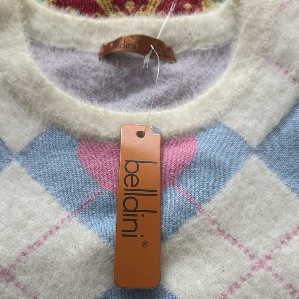 Belldini Cream Crewneck Sweater with Blue Argyle & Pink Hearts